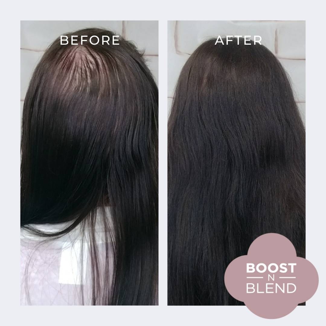 Dark Brown Boost N Blend Hair Fibres Before and After